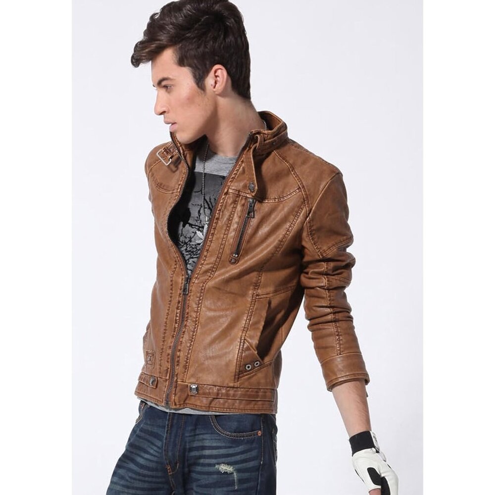 Men's Vintage Stand Collar Pu Leather Jacket - Brown - Picture 3 of 5